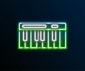 Wall Mural - Glowing neon line Music synthesizer icon isolated on black background. Electronic piano. Colorful outline concept. Vector