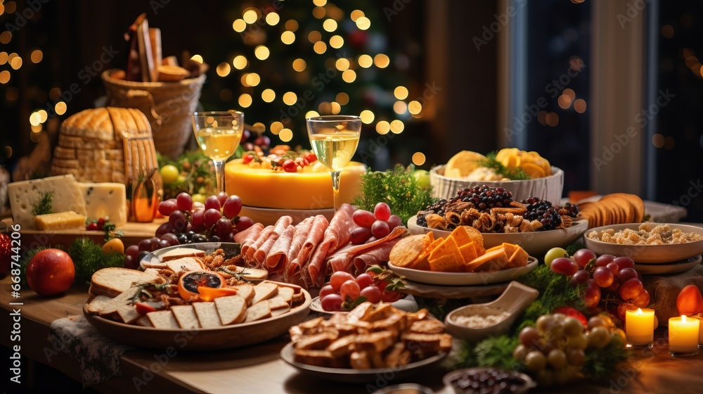 Christmas dinner table full of dishes with food and snacks, New Year's decor with a Christmas tree in the background. Garland lights, cozy family event