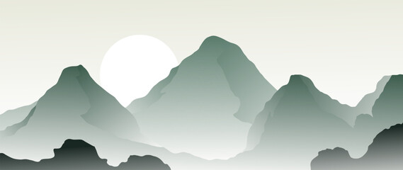 Wall Mural - minimal vector abstract landscape with sun and fog. mountain background with gradient, in green tone
