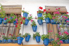 Blue Pots Hanging On Andalusian Balcony Of Pink And Red Geraniums