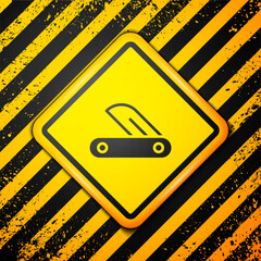 Wall Mural - Black Swiss army knife icon isolated on yellow background. Multi-tool, multipurpose penknife. Multifunctional tool. Warning sign. Vector