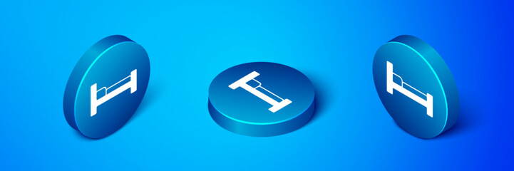 Sticker - Isometric Bed icon isolated on blue background. Blue circle button. Vector