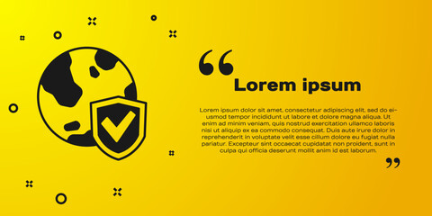 Sticker - Black Shield with world globe icon isolated on yellow background. Insurance concept. Security, safety, protection, privacy concept. Vector