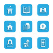 Set Holy bible book, Church building, Christian cross on phone, Nun, Pope hat and sermon tribune icon. Vector