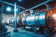 Interior of modern industrial boiler room. Large metal tanks in industrial boiler room