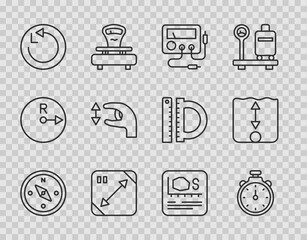 Poster - Set line Compass, Stopwatch, Multimeter, voltmeter, Diagonal measuring, Radius, Approximate measurements, Area and Depth icon. Vector