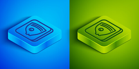 Canvas Print - Isometric line Fish head icon isolated on blue and green background. Square button. Vector