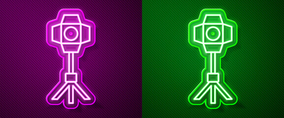 Poster - Glowing neon line Studio light bulb in softbox icon isolated on purple and green background. Shadow reflection design. Vector