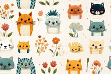 Seamless Pattern With Cute Cartoon Cats Illustrations,a Simple Design For Baby Room Decor And Nursery Decoration.cartoon Animas Illustrations For Nursery Pattern.

