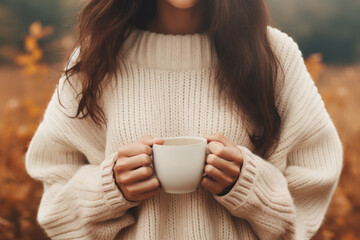 Wall Mural - Woman in cozy sweater holding a big cup with coffee close up