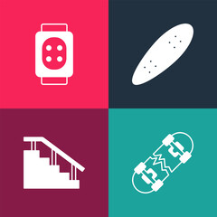 Poster - Set pop art Broken skateboard, Skateboard stairs with rail, Longboard or and Knee pads icon. Vector