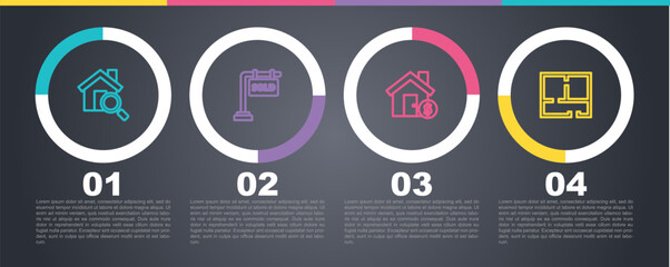 Canvas Print - Set line Search house, Hanging sign with Sold, House dollar symbol and plan. Business infographic template. Vector