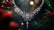 silver necklace with white diamond stones on christmas bokeh background, holiday campaign 