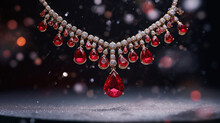 close up of necklace with white diamond and red ruby stones on Christmas bokeh background, holiday campaign 