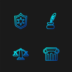 Poster - Set line Law pillar, Scales of justice, Police badge and Feather and inkwell. Gradient color icons. Vector