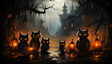 A Group Of Black Cats With Glowing Orange Eyes Are Standing On A Cobblestone Path With Jack-o-lanterns Scattered Around Them, Generative AI