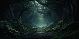 Fototapeta Las - An eerie and mysterious forest in a parallel universe where the laws of nature differ from our own. Concept of extraterrestrial landscape by Generative AI