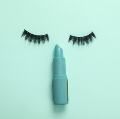 Canvas Print - Creative beauty still life with false eyelashes and blue lipstick on