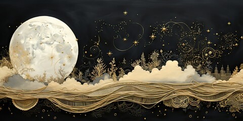 Wall Mural - AI Generated. AI Generative. Moon stars evening paper cut illustration nature background. Graphic Art