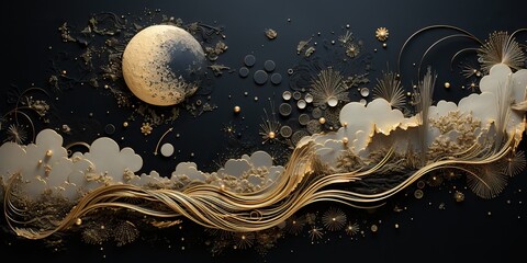 Wall Mural - AI Generated. AI Generative. Moon stars evening paper cut illustration nature background. Graphic Art