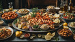 A Mediterranean seafood spread with grilled fish, calamari, and a sea of Mediterranean side dishes.