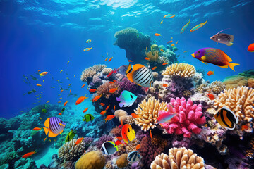 Wall Mural - Underwater with colorful sea life fishes and plant at seabed background, Colorful Coral reef landscape in the deep of ocean. Marine life concept, Underwater world scene.