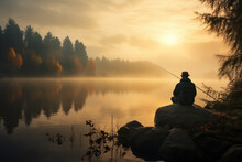 Fisherman Catches Fish With A Fishing Rod Against The Backdrop Of A Beautiful Landscape Of A Lake And Forest.