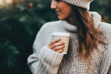 Wall Mural - Portrait of beautiful young woman in cozy sweater holding a cup of hot drink outdoors, side view