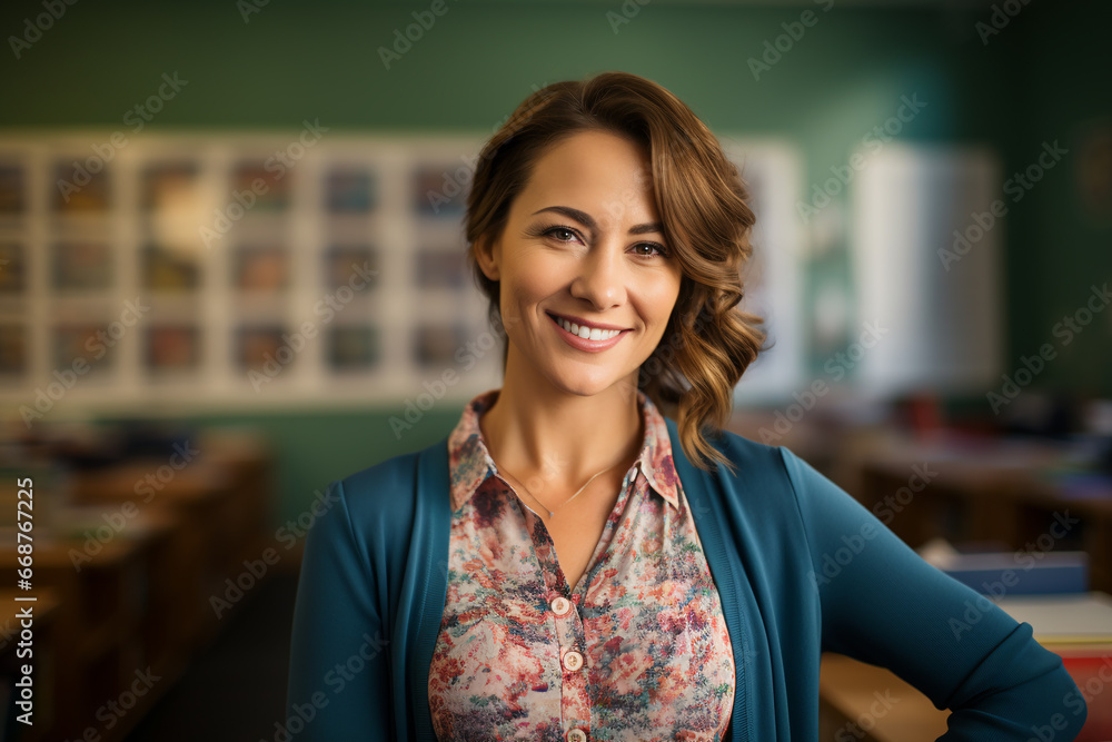Professional teacher woman head shot photo portrait, confident curly