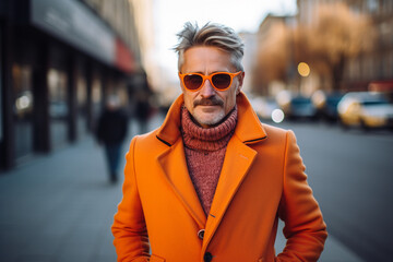 Sticker - 
Portrait of a handsome middle-aged man in orange coat and sunglasses on the street.