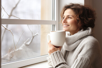 Portrait of happy middle aged woman in cozy sweater holding a cup of hot drink and looking trough the window, enjoying the winter morning at home, side view