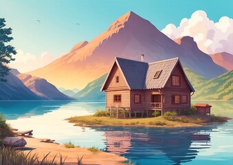 Wall Mural - Fisherman house on the highland lake. AI generated illustration