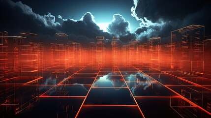 Concept of a digital city with cloud connections. Futuristic network in the clouds.