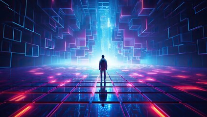 Wall Mural - figure of a person standing in front of a futuristic glowing corridor with geometric structures. abs