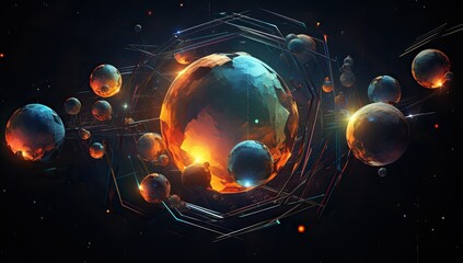 Wall Mural - planets surrounded by glowing lines and geometric shapes in space. abstract background and wallpaper