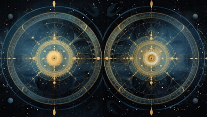 Astrological signs and ornaments around two glowing circles on a dark cosmic background. Abstract background and wallpaper.