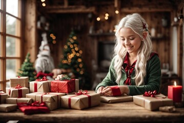 laughing elf girl with white hair prepares christmas gifts - portrait