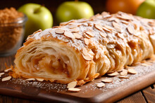 Apple strudel on a wooden board close-up