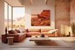 Modern living room interior in beige and Peach Fuzz  color. Panoramic windows, large sofa, stylish house. 