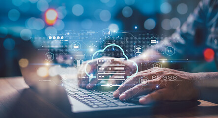 Businessmen using laptops, cloud computing online connecting to big data analytics, Personal information, technology data transformation concept, intelligence data storage, Global business solution
