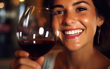 A smiling young woman drinking a glass of red wine