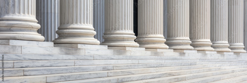 Stone columns colonnade and marble stairs detail. Classical pillars row ...