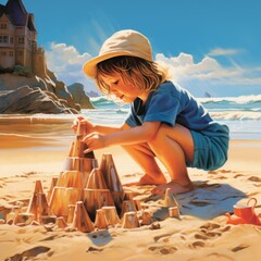 Sticker - Kid's sunny day fun: constructing sandy palace.