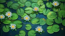 A Bird's Eye View Of A Lily Pad Pond, With Each Flower Blossoming In Harmonious Symmetry.