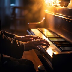 Wall Mural - Pianist's Fingers Dance in Dimly Lit Room - a Serenade to the Heart.