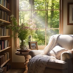 Canvas Print - Cozy sunlit nook boasts comfy chair & book stack.