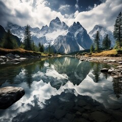 Poster - Serene lake mirrors majestic mountains hemming it in.