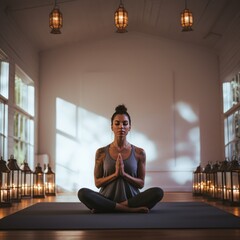 Canvas Print - Yoga leader guides serene meditation in tranquil studio.