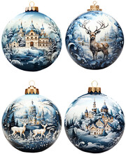 Winter Castle And Reindeer Watercolor Style Christmas Tree Balls Pack Isolated On Transparent Background. Generative AI.