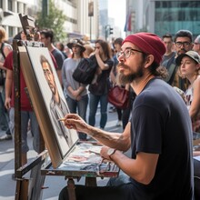 Artist sketches busy street performer on bustling sidewalk.